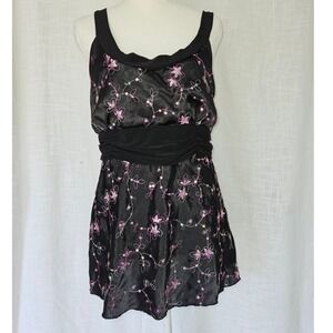 Vintage Y2K Vanity Camisole Top Womens XL Black Pink Floral Sequin Babydoll Chic